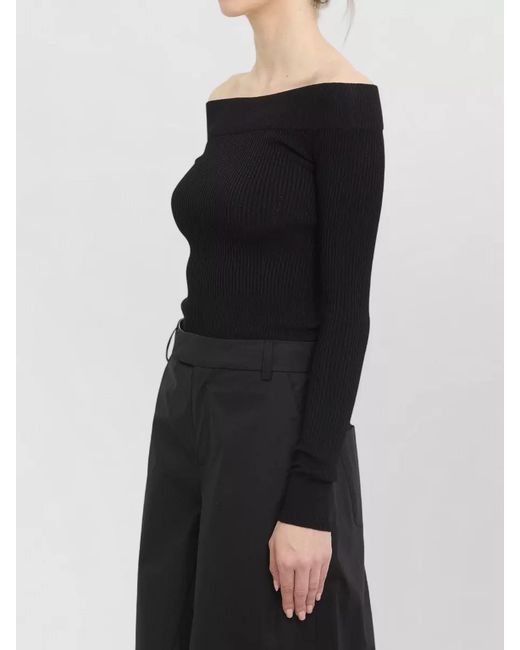 Alaïa Black Ribbed Knit Body Off Shoulder Neckline