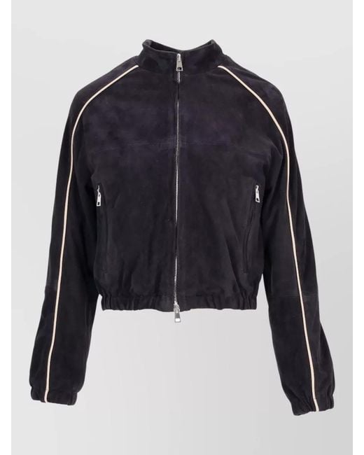 LA ROSE Blue Suede Bomber Jacket Contrast Piping Detail