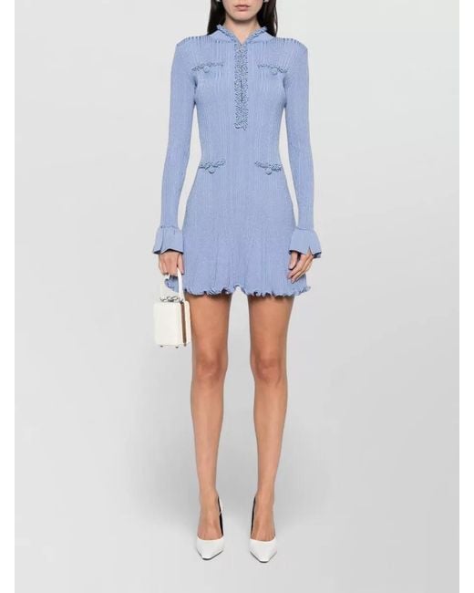 Self-Portrait Blue Knit Mini Dress Pearl Trim High Neck