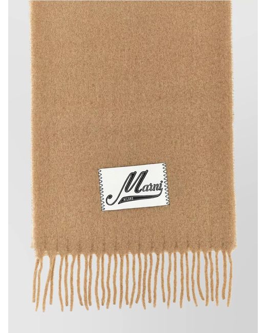 Marni Natural Logo Patch Scarf With Fringed Edges