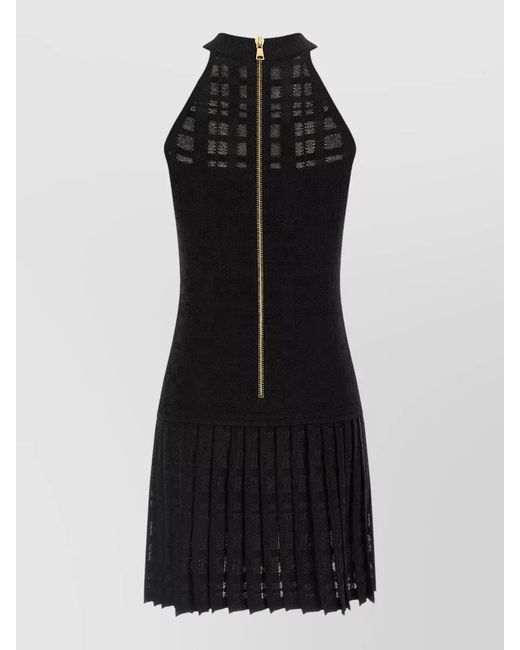Balmain Black Pleated Tartan Knit Halterneck Sleeveless Mini Dress