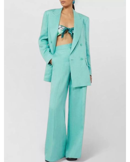 Max Mara Blue Wide Leg Linen Chevron Tailored Trousers