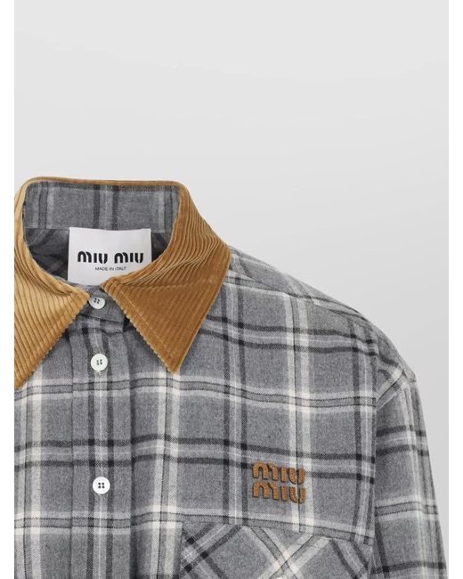 Miu Miu Gray Checked Cotton Long-Sleeve Mini Dress