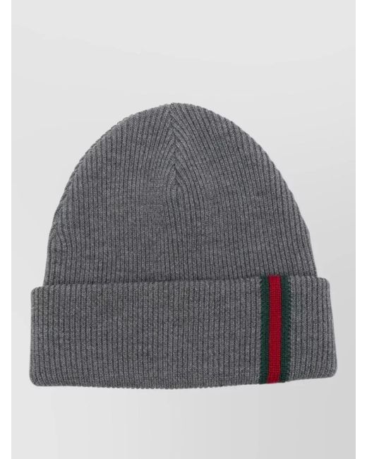 Gucci Gray Hat Ribbed Texture Folded Cuff Stripe for men