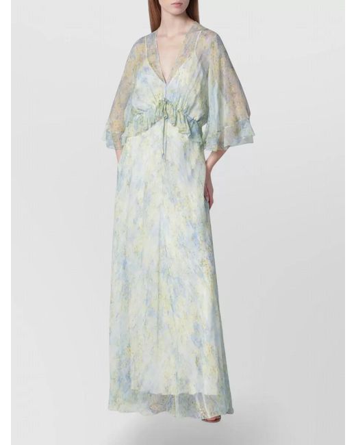 Alberta Ferretti White Dress Drawstring Waist Flared Sleeves Floral