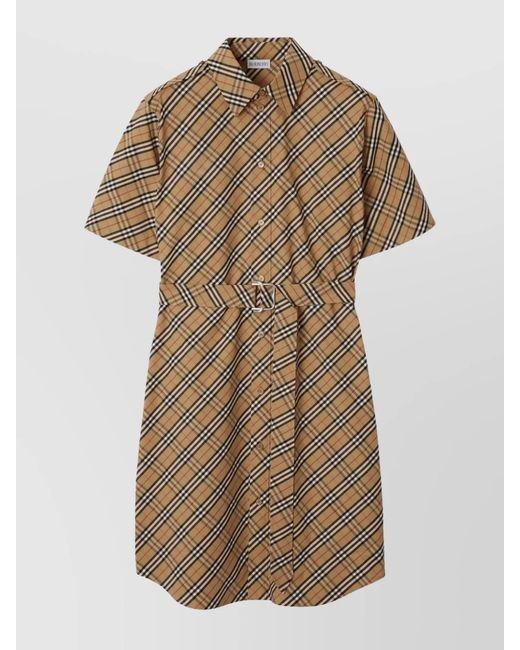 Burberry Natural Check Cotton Belted Midi Shirt Dress