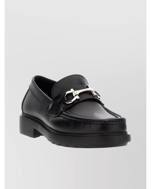 Ferragamo Black Round Toe Loafers With Metallic Buckle for men