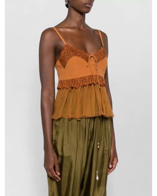 Chloé Orange Silk Lace-Trim Sweetheart Neck Sleeveless Blouse
