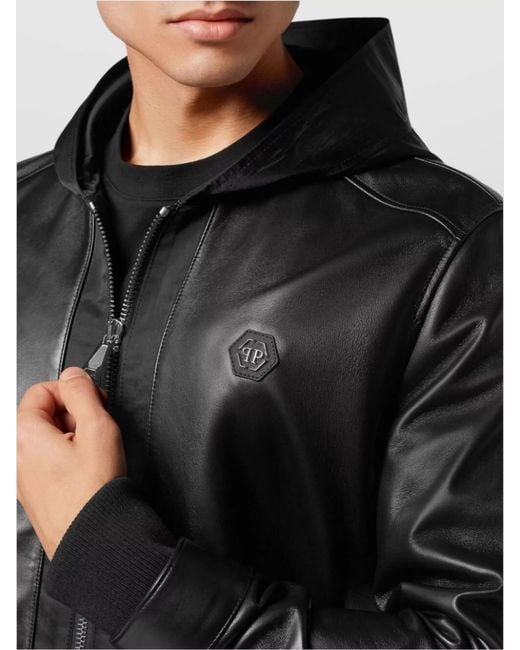 Philipp Plein Black Leather Hooded Bomber Jacket for men