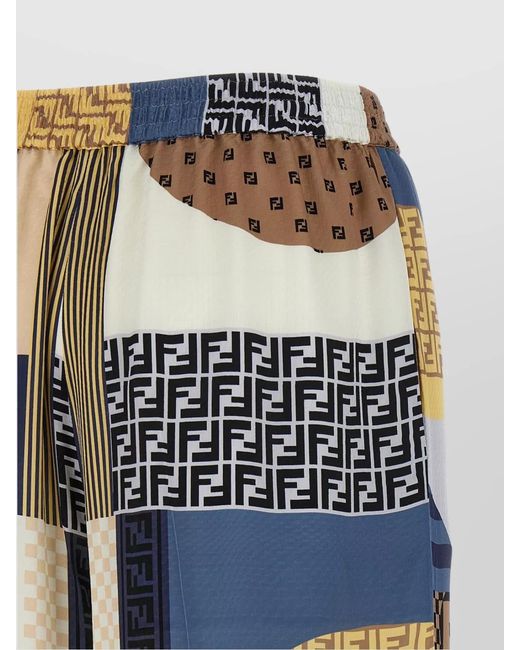 Fendi Blue Silk Patchwork Print Wide-Leg Trousers