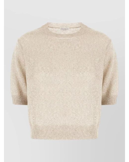 Brunello Cucinelli Natural Linen Blend Sweater Short Sleeves Sequins