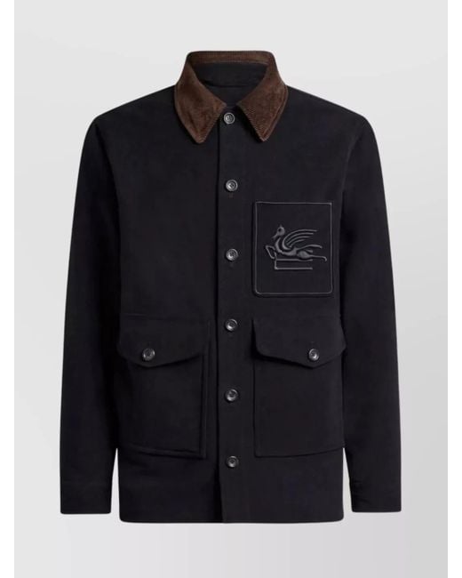 Etro Blue Utility Shirt Jacket Corduroy Collar for men