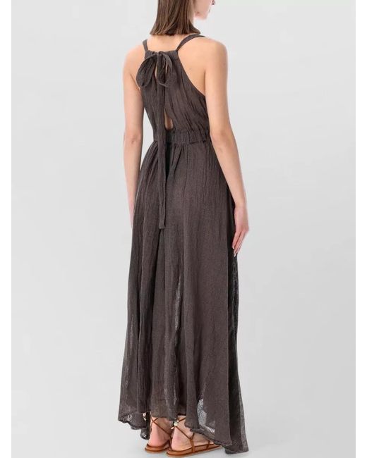 120% Lino Brown Long Linen Dress Deep V Neckline