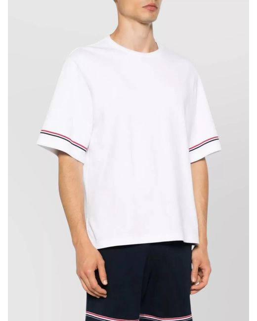 Thom Browne White Ribbed Crewneck Short Sleeve Cotton T-Shirt for men