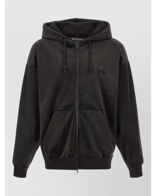 Y-3 Black Velvet Zip Hooded Sweatshirt Front Pockets for men