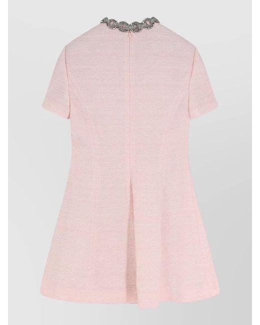 Valentino Pink Embroidered Crinkle Cotton Tweed Short Dress