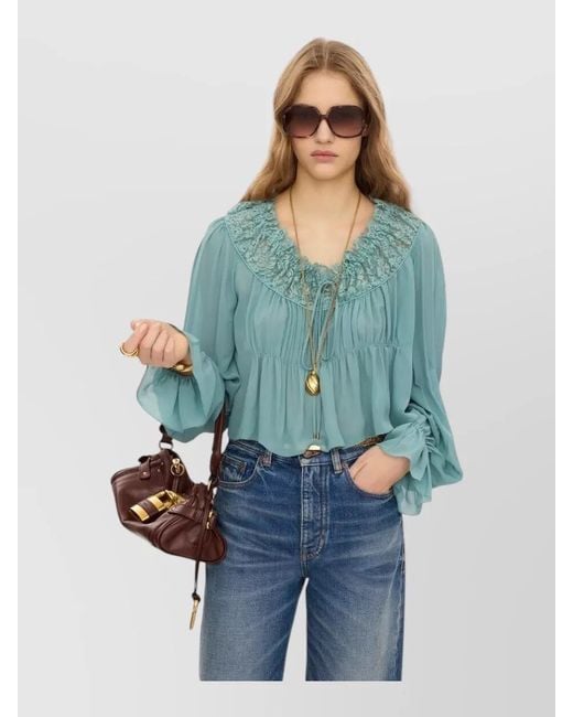 Chloé Blue Scoop Neck Cropped Silk Georgette Lace Top