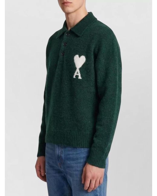 AMI Green Alpaca Knit Long-Sleeve Polo Shirt for men