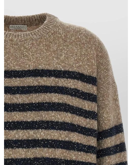 Brunello Cucinelli Gray Striped Sequin Knit Crew Neck Sweater