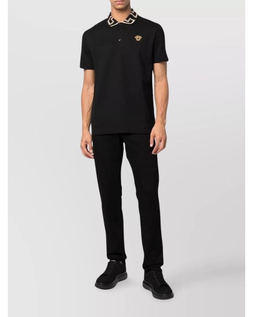 Versace Black Cotton Piqué Short-Sleeve Polo Shirt for men