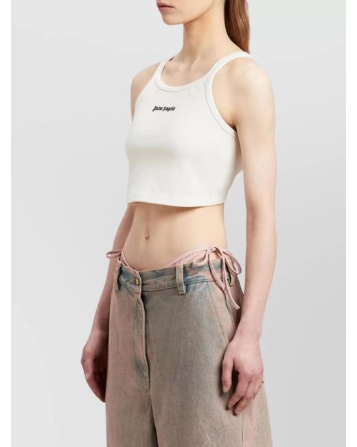 Palm Angels Natural Cotton Cropped Sleeveless Logo Top