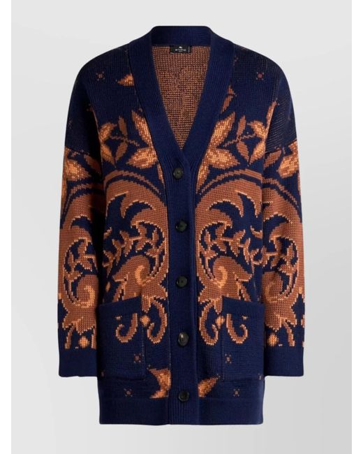 Etro Blue Wool Jacquard V-Neck Cardigan With Front Pockets