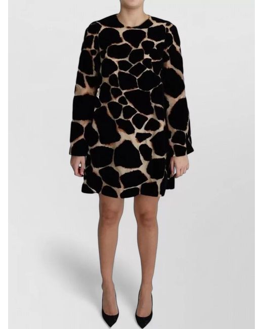 Dolce & Gabbana Black Giraffe Print Velvet Long Sleeve Mini Dress