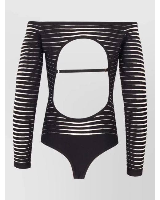 Elisabetta Franchi Black Off Shoulder Striped Long Sleeve Bodysuit