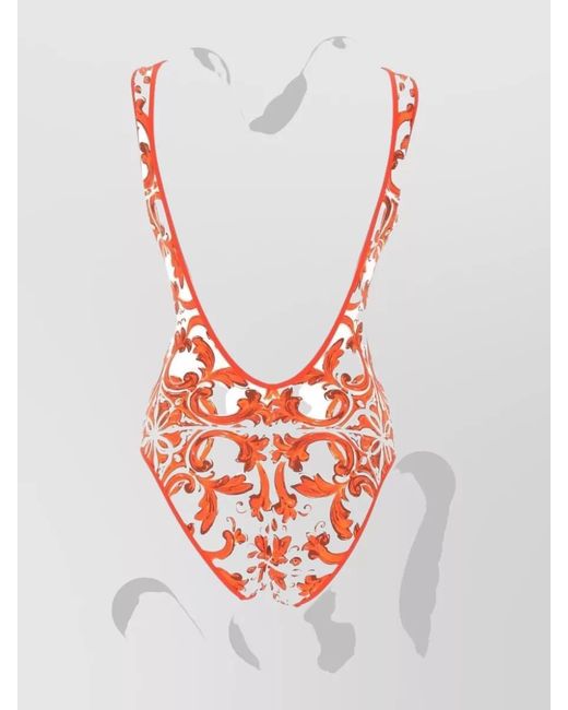 Dolce & Gabbana Red V Neck Floral Stretch Swim Bodysuit