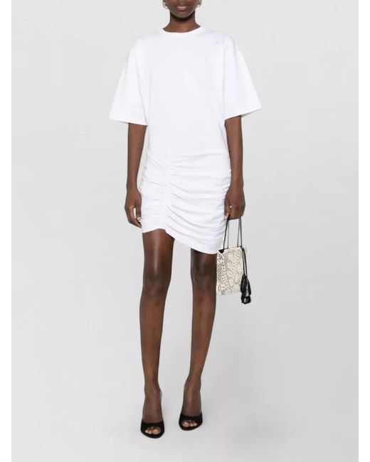 Balmain White Knee Length Dress Round Neckline Ruched Hem