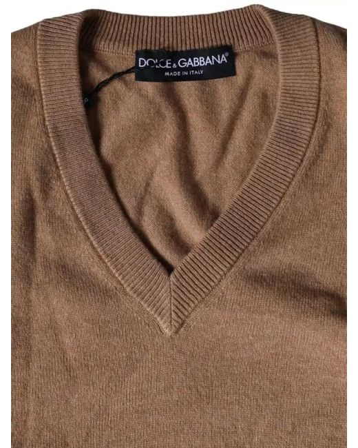 Dolce & Gabbana Brown Cashmere V Neck Long Sleeve Pullover for men