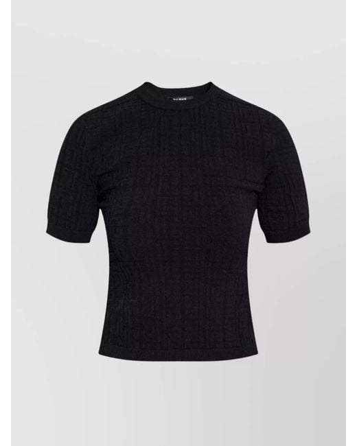 Balmain Black Ribbed Knit Short-Sleeve Top