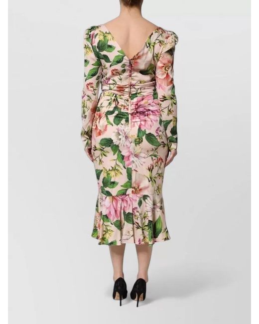 Dolce & Gabbana White Silk Floral-Print Long-Sleeve Square-Neck Midi Dress