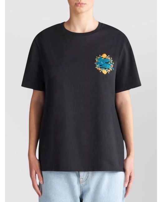 Etro Blue Embroidered Cotton Short-Sleeve T-Shirt