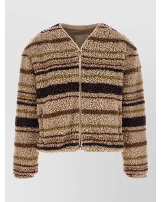 Moncler Brown Teddy-Effect Striped V-Neck Zip-Up Cardigan