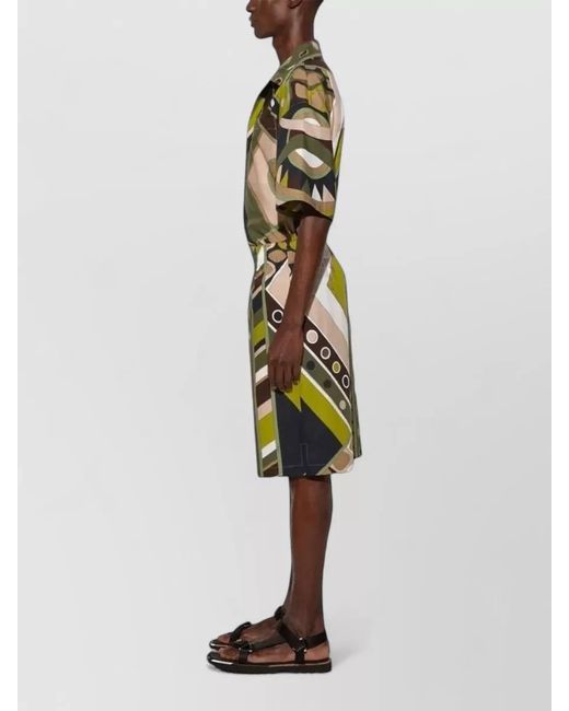Emilio Pucci Green Cotton Popeline Shorts Geometric Pattern for men