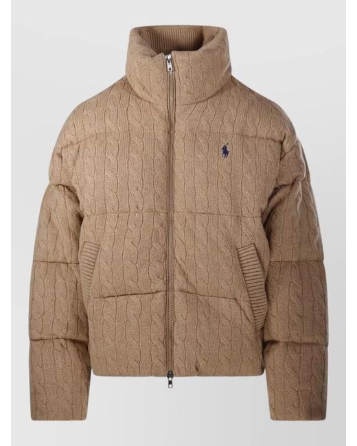 Ralph Lauren Brown Puffer Coat High Collar Cable Knit