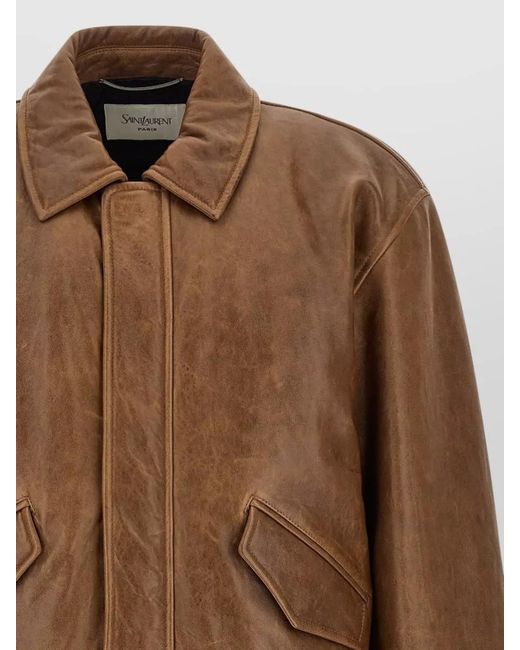Saint Laurent Brown Leather Bomber Jacket Collared Design Pockets for men