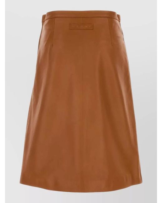Marni Brown Leather Skirt Floral Embroidery Side Pockets