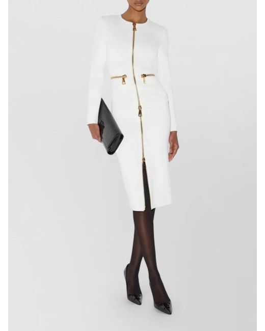 Elisabetta Franchi White Crew Neck Slim Knit Zip Dress