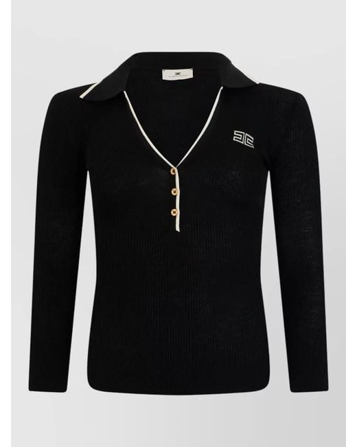 Elisabetta Franchi Black Wool Polo Collar Ribbed Sweater