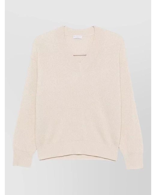 Brunello Cucinelli Natural Silk Blend V Neck Long Sleeve Knit