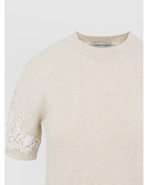 Alberta Ferretti White Knit T Shirt Slim Silhouette Lace Sleeves
