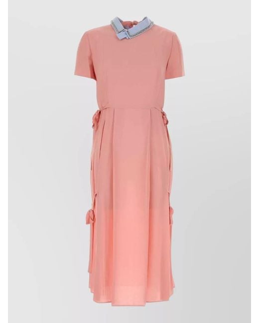 Prada Pink Asymmetric Embroidered Short-Sleeve Midi Dress