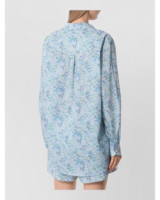 Mc2 Saint Barth Blue Shirt Collared Neck Floral Pattern Long Sleeves