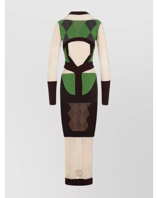 MARINE SERRE White Ribbed Knit Long-Sleeve Midi Dress