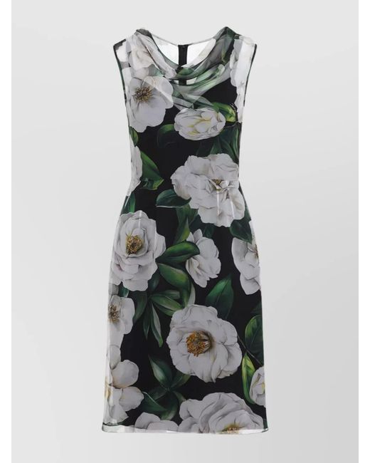 Dolce & Gabbana Gray Silk Floral-Print Cowl-Neck Sleeveless Midi Dress