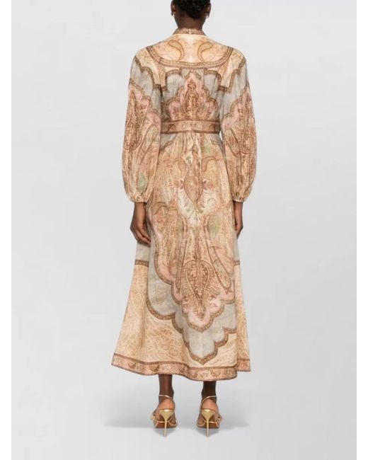 Zimmermann Natural Linen Printed V-Neck Long-Sleeve Midi Dress