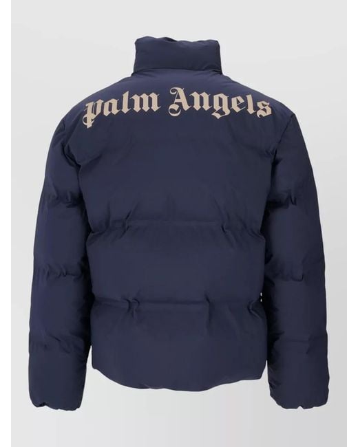 Palm Angels Blue Logo Stripe Track Down Jacket High Collar for men