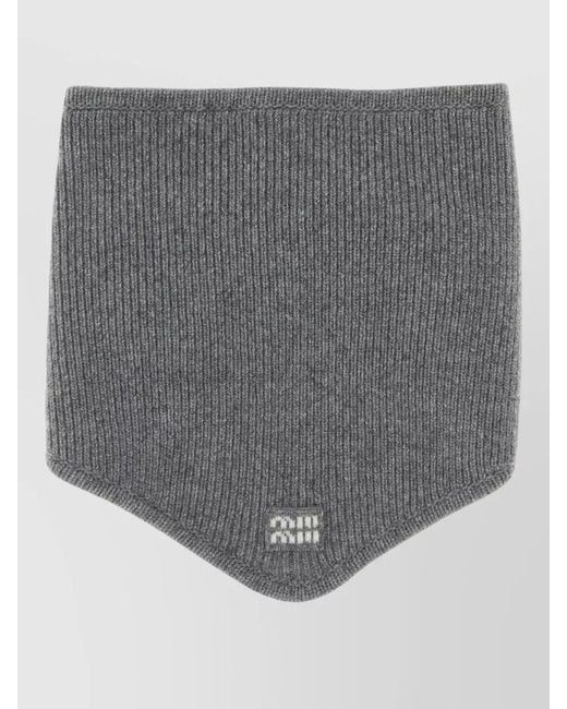 Miu Miu Gray Wool Blend Scarf Knitted Ribbed Stretch Shape